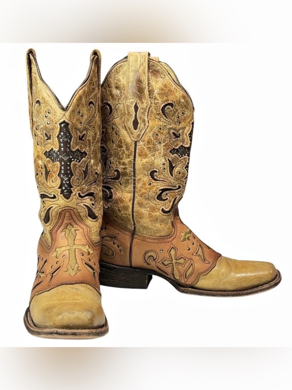 Corral Sequin Studded Square Toe Cross Western Distressed Leather Boots Size 8.5